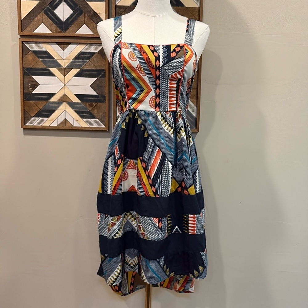Band of Gypsies Multicolor Geometric High-Low Dress (Navy, Yellow, Red, Teal)